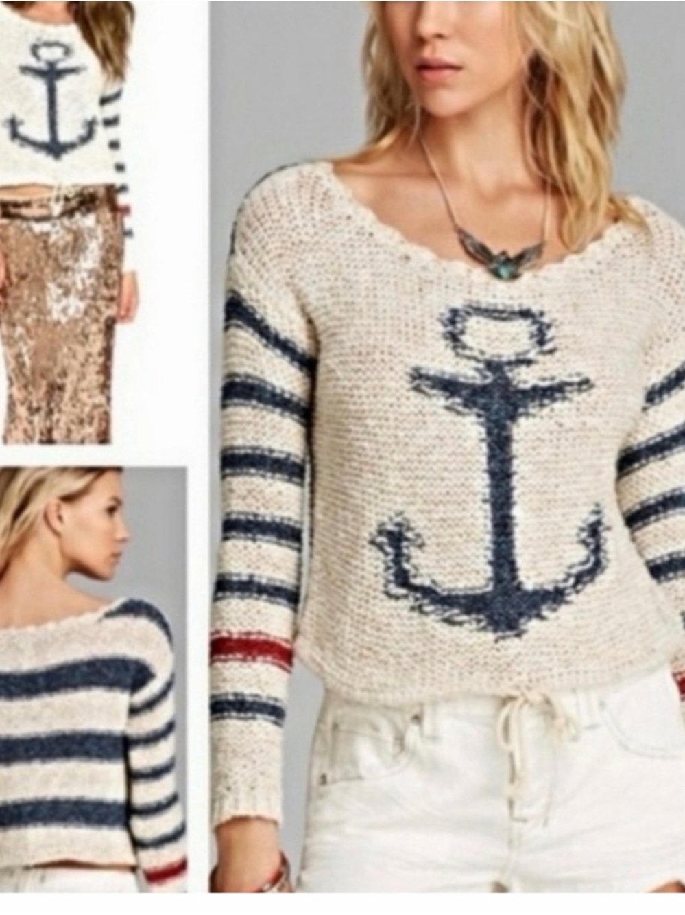 Free People Nautical Anchor Knit Sweater - Cream with Navy & Red size M - Picture 3 of 6